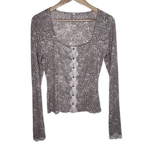 Free People Womens Brown Cheetah Long Sleeve Shirt Large Y2K Lace Button Scoop